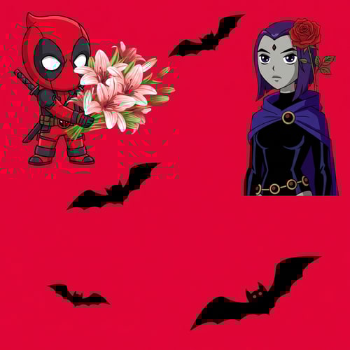 AI Design for haz que el fondo de la imagen sea un rojo cereza. Quiero que arriba a la izquierdaeste la imagen 2, deadpool, agarrando el ramo de lirios de la imagen 3. Arriba a la derecha quiero a raven y que en su pelo tenga una rosa. En el fondo de la imagen tienen que estar los murcielagos de la imagen 4