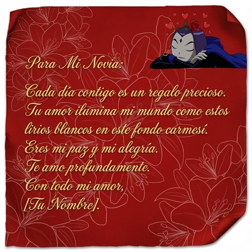 AI Design for hazme una carta para mi novia pero que la carta sea de color rojo de fondo y tenga lirios por toda la imagen, los lirios tienen que ser blancos y ademas de eso, quiero que raven tenga unos corazones saliendo de su cabeza y tenga una rosa en su frente