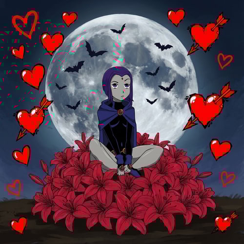 AI Design for haz que raven este sentada en un monto de ramos de lirios, el fondo de la imagen tiene que ser un paisaje de una luna con murcielagos y tiene que haber los corazones de la imagen 2 por todos los lados. Que los lirios esten pintados con un rojo cereza, los corazones tienen que ser diferentes y la luna tiene que estar ppintada