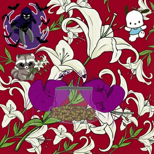 AI Design for haz que la imagen 2 este abajo del mapache, solo quiero la silueta de los guantes y la bolsa, no quiero que aparezca el fondo