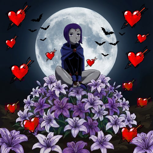 AI Design for haz que raven este sentada en un monto de ramos de lirios, el fondo de la imagen tiene que ser un paisaje de una luna con murcielagos y tiene que haber los corazones de la imagen 2 por todos los lados. Que los lirios esten pintados