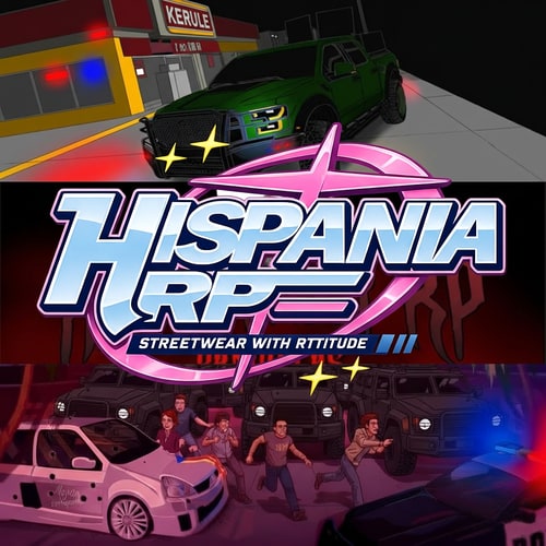 AI Design for Quiero que agarres la primera imagen, la que dice hispania rp con colores, y le pongas de fondo las otras imagemes, pero que esten por separadas tipo divididas. El fono tienen que ser las demas imagenes pero no puedne tener texto, el unico texto que quiero es el de la primera imagen, y para su fondo las demas imagenes divididas