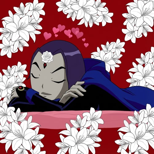 AI Design for haze que el fondo de la imagen sea rojo y de fondo y tenga lirios por toda la imagen, los lirios tienen que ser blancos y ademas de eso, quiero que raven tenga unos corazones saliendo de su cabeza y tenga una rosa en su frente