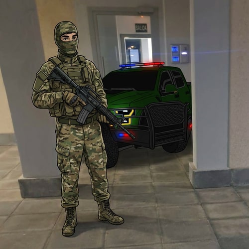 AI Design for haz que el chico de la foto tenga vestimenta militar y este agarrando una M4. Pero que este tapada la cara con una mascara de militar y haz que tenga un carro como jeep detras, la jeep de la imagen 2