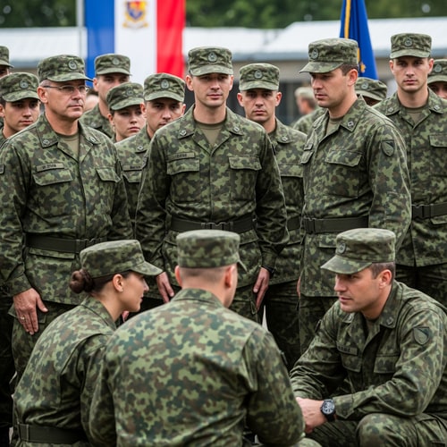 AI Design for haz que todos los de la foto esten vestidos de militar