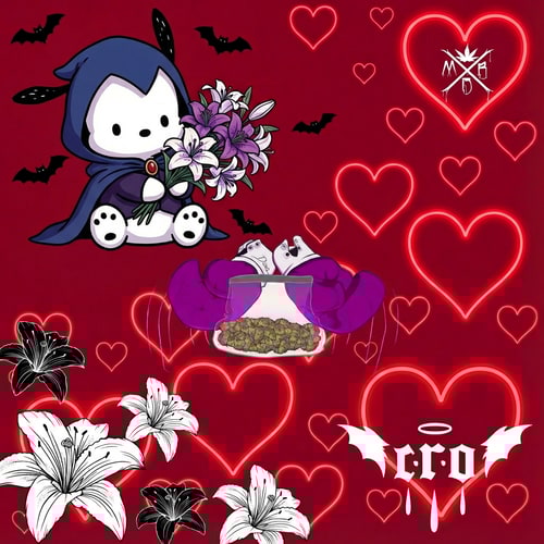 AI Design for haz que la imagen 2, este abajo a la derecha, pero haz que solo este el texo y el dibujo, no el cuadro blanco. Luego quiero que haya lirios de la imagen 4 esparcidos por abajo a la izquierda, no muchos y en el medio este la imagen 3 y arriba a la derecha no muy grande la imagen 5. Ahora cambiame todo de lugar y que en vez de ser un mapache sea pochacco