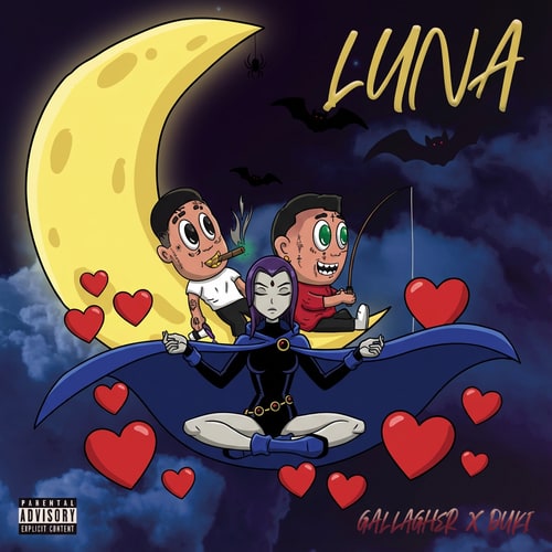 AI Design for haz que el fondo de la imagen sea la imagen 2 En el medio de la imagen tiene que estar raven de la imagen uno, con corazones al rededor de ella. Haz que los corazones esten completos, no rotos y los chicos de detras hazles mas como dibujo animado, la luna tambien y las letras que dicen luna tambien