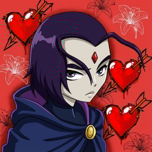 AI Design for haz que la raven del dibujo, este pintada y ademas haz que este en un fondo rojo con muchos corazones de la imagen dos dibujados como grafitis. Ademas de eso, quiero que me pongas de la imagen 3, muchos lirios esparcidos por toda la imagen pero sin tapar los demas dibujos