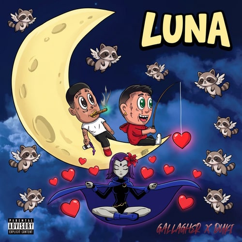 AI Design for haz que el fondo de la imagen sea la imagen 2 En el medio de la imagen tiene que estar raven de la imagen uno, con corazones al rededor de ella. Haz que los corazones esten completos, no rotos y los chicos de detras hazles mas como dibujo animado, la luna tambien y las letras que dicen luna tambien. Haz que el chico con la caña este pescando un corazon, tambien quiero que en el cielo haya mapaches de manera kawai volando, que raven tenga un lirio rojo cereza en el pelo