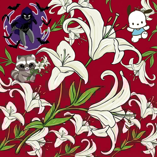 AI Design for ahora haz que al rededor de raven, arriba a la izquierda esten saliendo murcielagos, no muchos pero que si haya. Luego quiero que debajo de raven este la imagen 2, el mapache agarrando un ramo de lirios y rosas. Pero que pocchaco de arriba a la derecha no se vaya. Haz el mapache mas pequeño