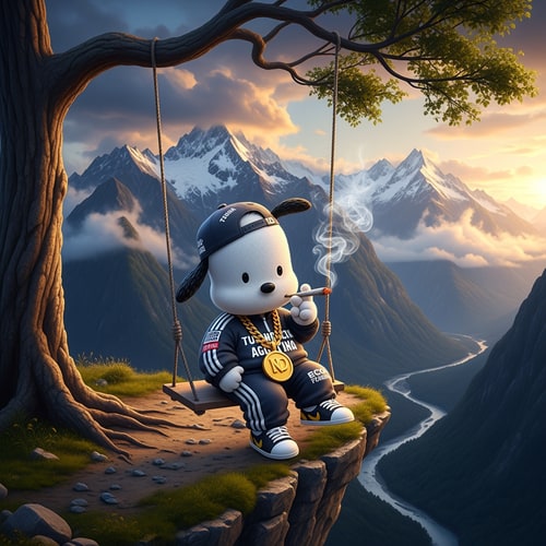 AI Design for haz que el fondo de la imagen sea la imagen dos, y luego quiero que en el medio este la imagen tres pero que en vez del chico del coolumpio, este la imagen uno, pochacco. Pocchaco tiene que estar vestido con ropa turra de argentina y se tiene que estar fumando un porro