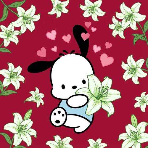 AI Design for haz que el oso de la imagen este agarrando un lirio, el fondo sea rojo cereza, le esten saliendo corazones de la cabeza al oso y haya muchos lirios esparcidos por la imagen