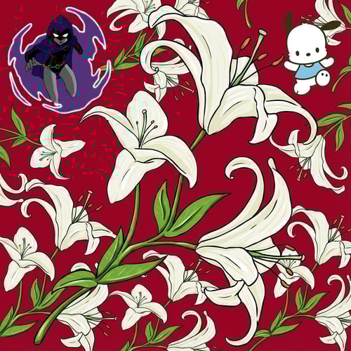 AI Design for haz que el fondo de la imagen sea un rojo cereza, que la imagen 1, raven, este arriba a la izquierda, que pocchaco, la imagen 2, este arriba a la derecha pero que no sea muy grande y que el fondo de la imagen este la imagen 3, que este lleno de lirios. Pero que pochacco no tenga el aura esa y que la imagen de raven sea igual a la imagen 1