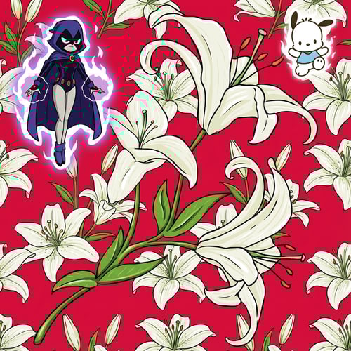 AI Design for haz que el fondo de la imagen sea un rojo cereza, que la imagen 1, raven, este arriba a la izquierda, que pocchaco, la imagen 2, este arriba a la derecha pero que no sea muy grande y que el fondo de la imagen este la imagen 3, que este lleno de lirios