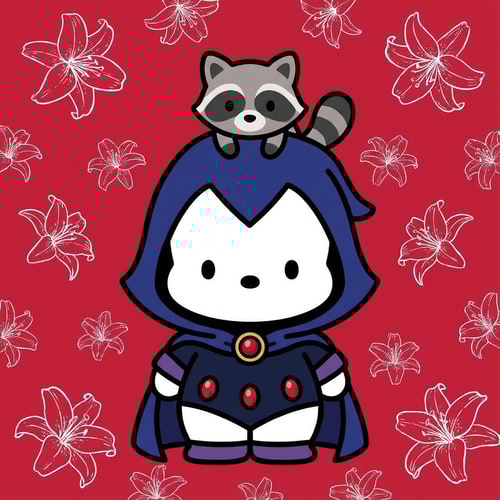 AI Design for haz que este oso este vestido como raven y en vez de un pollo en su cabeza tenga un mapache. Pero haz que se le vea la cabeza. Ahora haz que el fondo sea un rojo cereza, tenga dibujos de lirios esparcidos por toda la imagen y que sean blancos