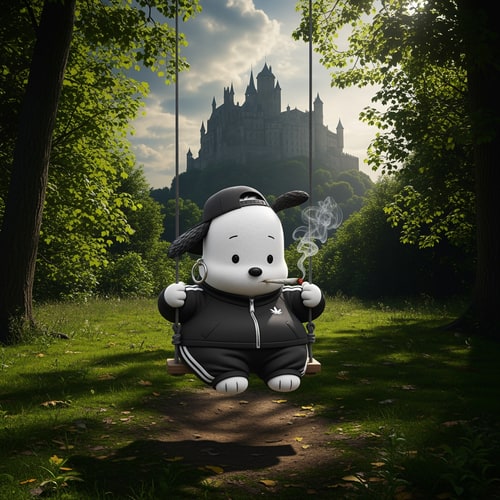 AI Design for haz que el fondo de la imagen sea la imagen dos, y luego quiero que en el medio este la imagen tres pero que en vez del chico del coolumpio, este la imagen uno, pochacco. Pocchaco tiene que estar vestido con ropa turra de argentina y se tiene que estar fumando un porro