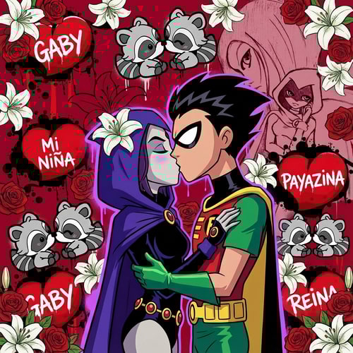 AI Design for haz que en la imagen, haya lirios en las esquinas y rosas tambien y que los lirios esten tambien esparcidos por toda la imagen sin tapar los demas dibujos. Un lirio tiene que estar en la cabeza de raven y tiene que ser de color blanco