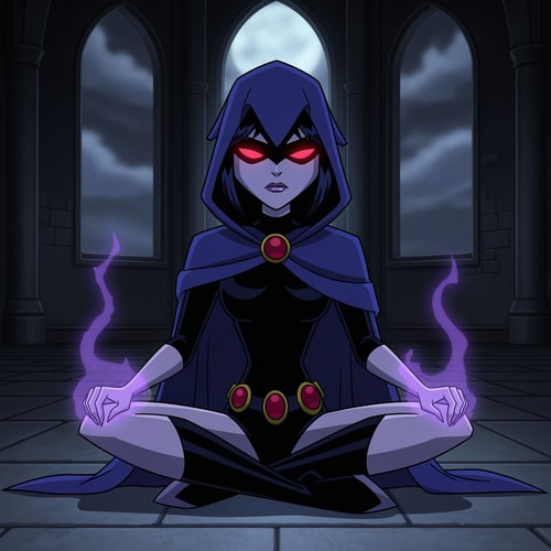 AI Design for dibujame a raven de la serie de los teen titans del 2003 sentada