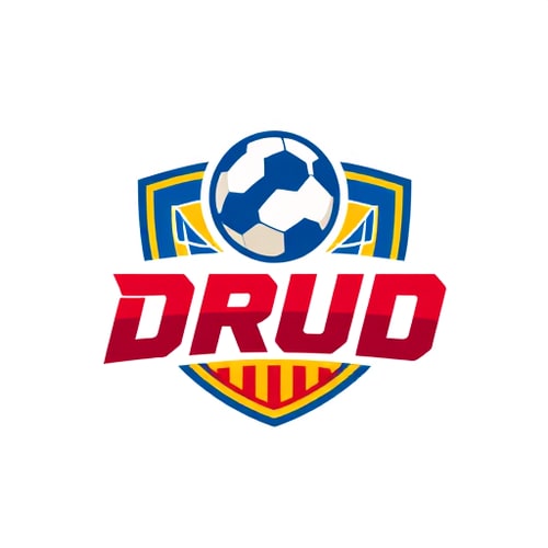 AI Design for Create a professional sports team logo for a football (soccer) team named “Drud”.
The design should feature a football icon as the main element.
Use a color palette of red, blue, and yellow.
The logo should look bold, dynamic, and energetic, symbolizing strength and teamwork.
Include modern typography for the team name “Drud” and make sure the football graphic is clearly visible in the center or top of the design.
Style: modern, sporty, and eye-catching, suitable for a football team emblem.