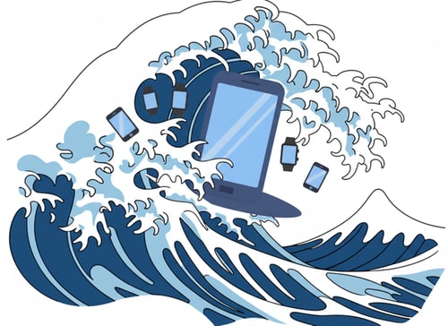 AI Design for i want a logo where this mobile phone is flowing with the wave the mobile must be a littel short and i want mini mobiles on the sides an also smart watch