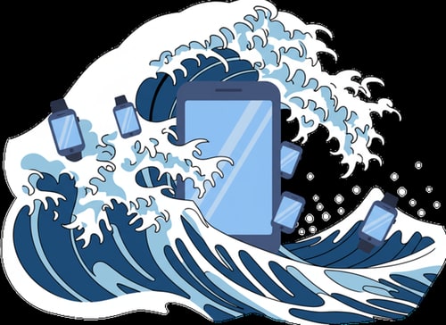 AI Design for i want a logo where this mobile phone is flowing with the wave the mobile must be a littel short and i want mini mobiles on the sides an also smart watch but like in wateer