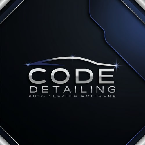 AI Design for Create a modern tech-inspired logo for CODE DETAILING, an auto cleaning and polishing company. Combine clean typography with a simple abstract car outline or shining effect. Use dark background with metallic accents (silver, navy, or electric blue). The design should look precise, premium, and high-tech.