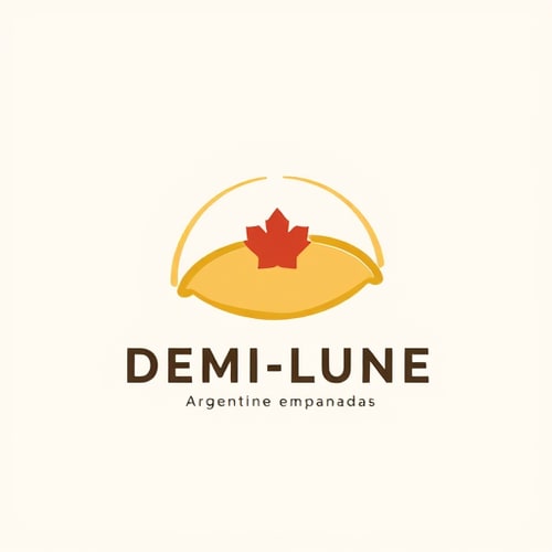 AI Design for DEMI-LUNE — Logo Design Guidelines (Simplified AI Version)
1. Main Shape
Form: Stylized empanada with visible repulgue (folded edge), seen from the side or slightly diagonal — not flat.
Style: Clean, minimalist line art with a balance of curves and angles.
Silhouette: Must remain recognizable as an empanada even in single-color use.
Overall shape: Crescent-like, symbolizing the name Demi-Lune.
2. Color System
Primary color: Gold-ochre (#D4A15B or similar) — evokes baked dough.
Secondary color: Maple-red (#C73E2E or similar) — optional accent in full-color version.
Monochrome versions:
Black/white versions for printing, embroidery, and stamps.
Must work in both positive and negative formats.
No gradients or complex shading — ensure strong contrast.
3. Typography
Font style: Modern sans serif with gourmet feel (e.g., Satoshi Bold, Recoleta Sans, Manrope, GT America, Outfit).
Avoid: Serif or industrial-style fonts.
Text hierarchy:
Main title: DEMI-LUNE (uppercase, medium or bold).
Subtitle: Argentine empanadas (smaller, wide tracking for elegance).
4. Composition System
Layouts:
Vertical version (icon + centered text).
Horizontal version (for signage or food trucks).
Modular use:
Icon-only (social media, stamps, favicons).
Full version (packaging, menus, signage).
5. Visual Concept
Mood: Minimalist but warm — the curvature and fold detail should suggest artisanal quality.
Cultural reference: Subtle nod to Canada (e.g., red geometric accent or soft shadow), no literal maple leaf.
Overall tone: Clean, modern, approachable, gourmet.