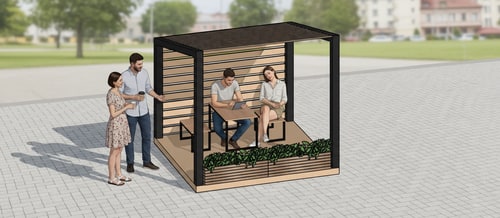 AI Design for the same environment as in the previous picture, what is added to this picture with a few people around and for example someone sitting inside and resting on the side benches