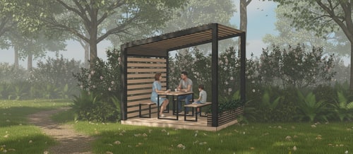 AI Design for like the environment in the first image, add it to the second image which is a three-dimensional representation of that object, you can also add people and don't change anything on the object it must remain the same