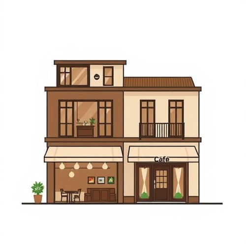 AI Design for Can you design a building for me that has a café on the ground floor with a capacity of 10-12 seats, and an apartment for two on the first floor. The building should be located on a plot of 210m² with a maximum building factor of 2. Separate the entrance to the café and the apartment separately