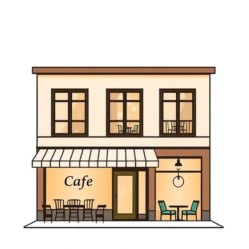 AI Design for Can you design a building for me that has a café on the ground floor with a capacity of 10-12 seats, and an apartment for two on the first floor. The building should be located on a plot of 210m² with a maximum building factor of 2. Separate the entrance to the café and the apartment separately