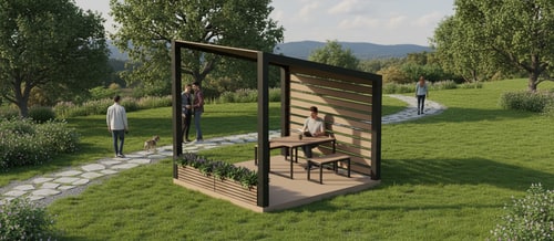 AI Design for Add ambiance to this pavilion, place it in greenery, add paths around it, people, etc. Note that these two smaller benches are the same as the larger table. and have it on a grassy area like in the first photo