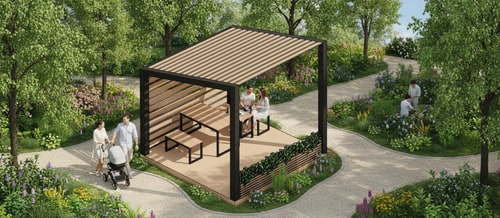 AI Design for add an environment to this pavilion, have it be in some greenery, add paths around it, people, etc.
