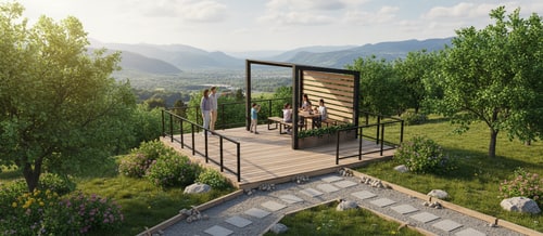 AI Design for add me the natural environment, access paths, people, etc. let it be like a lookout point