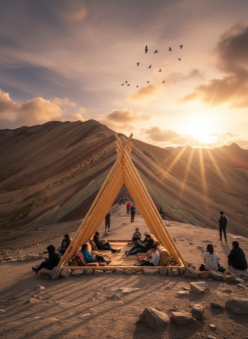 AI Design for Can you make a collage for me from these two pictures, add sun rays, people relaxing, make it look professional. just insert one pavilion and let people be in it and around it. let it be like a sunset, add birds ...