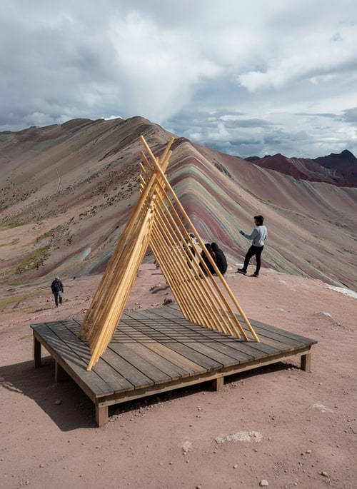 AI Design for Can you fit the pavilion from the other picture into the first picture for me? let the pavilion be bigger than the people around and let it be on a wooden platform