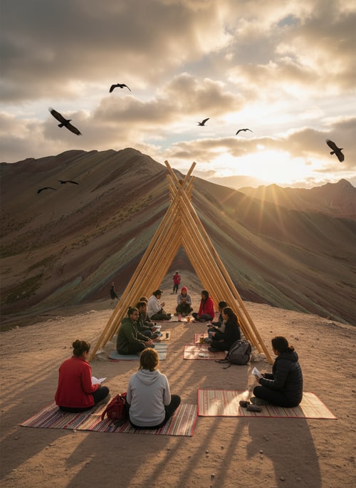 AI Design for Can you make a collage for me from these two pictures, add sun rays, people relaxing, make it look professional. just insert one pavilion and let people be in it and around it. let it be like a sunset, add birds ... just without these little seat blankets, let them sit on their own mats, and let the picture be horizontally oriented