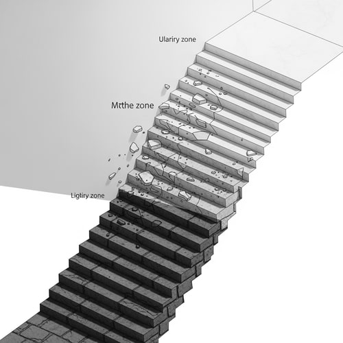 AI Design for Focus on a single section or axonometric view that clearly shows three zones:
1. Lower Zone: Show how the steps are narrow and heavy. You can use thick, dark lines and shading to create a sense of claustrophobia.
2. Middle Zone: Display indeterminacy here. The steps may be broken or shown as sketches or transparent outlines over the actual material.
3. Upper Zone: Show clarity. The steps are wide, and light penetrates from above. You can use very thin, clean lines