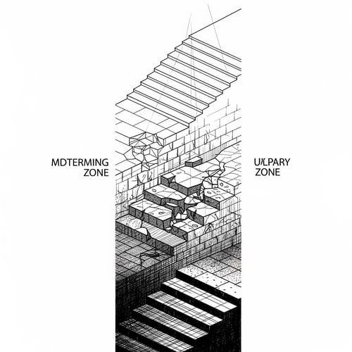 AI Design for Focus on a single section or axonometric view that clearly shows three zones:
1. Lower Zone: Show how the steps are narrow and heavy. You can use thick, dark lines and shading to create a sense of claustrophobia.
2. Middle Zone: Display indeterminacy here. The steps may be broken or shown as sketches or transparent outlines over the actual material.
3. Upper Zone: Show clarity. The steps are wide, and light penetrates from above. You can use very thin, clean lines