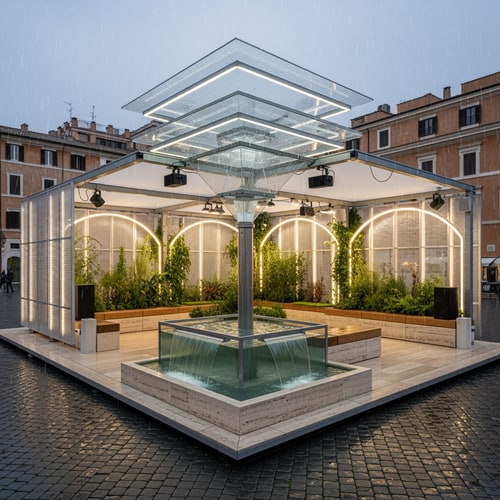 AI Design for The task is to design a small, temporary public pavilion (Rain Room) in the area of Rome, which explores the relationship between the city, water and users. The object should collect rainwater (minimum 5 m³ per rain) and use it for plants, a water feature or urban greenery.
The Rain Room is conceived as an open, accessible and interactive space, which creates a new experience of public space through the atmosphere of rain, sound, light and materiality. The location is free, and the structure must be reversible, prefabricated and environmentally sustainable.
The aim of the project is to show how small architecture can respond to climate challenges and enrich the contemporary city.
