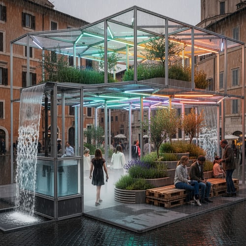 AI Design for The task is to design a small, temporary public pavilion (Rain Room) in the area of Rome, which explores the relationship between the city, water and users. The object should collect rainwater (minimum 5 m³ per rain) and use it for plants, a water feature or urban greenery.
The Rain Room is conceived as an open, accessible and interactive space, which creates a new experience of public space through the atmosphere of rain, sound, light and materiality. The location is free, and the structure must be reversible, prefabricated and environmentally sustainable.
The aim of the project is to show how small architecture can respond to climate challenges and enrich the contemporary city.