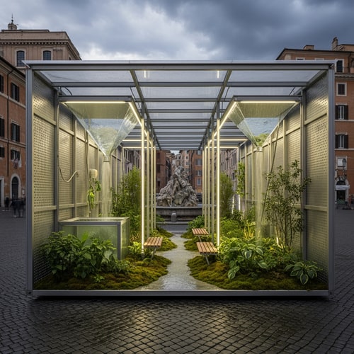 AI Design for The task is to design a small, temporary public pavilion (Rain Room) in the area of Rome, which explores the relationship between the city, water and users. The object should collect rainwater (minimum 5 m³ per rain) and use it for plants, a water feature or urban greenery.
The Rain Room is conceived as an open, accessible and interactive space, which creates a new experience of public space through the atmosphere of rain, sound, light and materiality. The location is free, and the structure must be reversible, prefabricated and environmentally sustainable.
The aim of the project is to show how small architecture can respond to climate challenges and enrich the contemporary city.