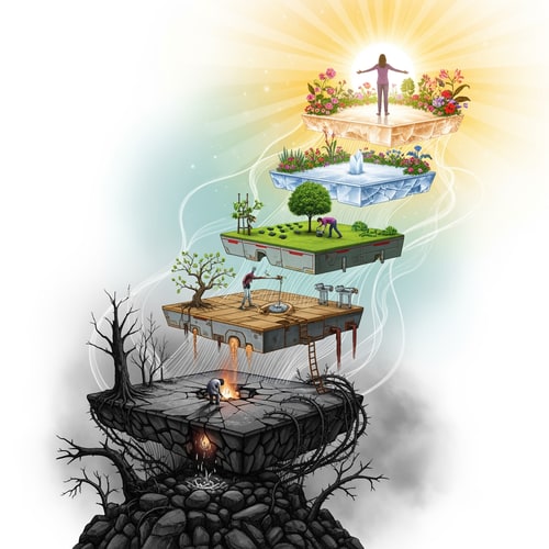 AI Design for I want you to make me an illustration, it can be a collage, but the theme should be some kind of mental development. Show it visually as platforms. From the lowest one, which is the darkest, to the highest one, which is the brightest, and which represents a healed person.