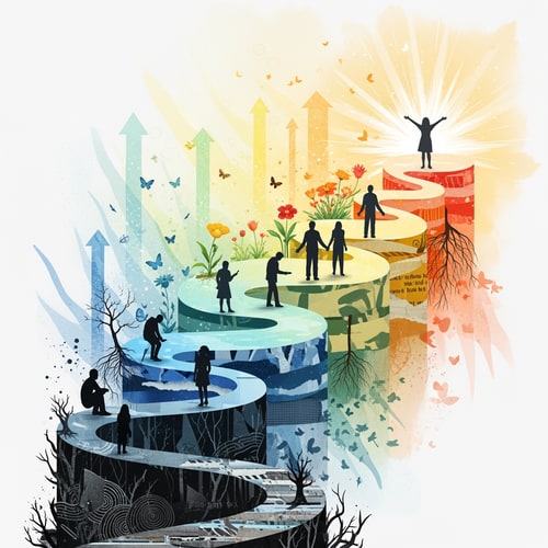 AI Design for I want you to make me an illustration, it can be a collage, but the theme should be some kind of mental development. Show it visually as platforms. From the lowest one, which is the darkest, to the highest one, which is the brightest, and which represents a healed person.