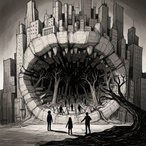 AI Design for Dark architectural sketch inspired by Francisco Goya’s Saturn Devouring His Son.
A massive, abstract city form represented as a brutalist architectural structure, with heavy concrete volumes forming a mouth-like void.
Inside the dark core of the city, fragmented silhouettes of young people and broken trees are being swallowed by the architecture.
The atmosphere is oppressive and claustrophobic, with strong contrast between light and shadow.
No literal human monster, no blood, no gore — the city itself is the metaphor.
Hand-drawn sketch style, rough lines, monochrome or muted tones, conceptual architectural illustration.
