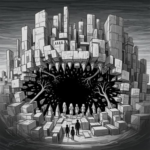 AI Design for Dark architectural sketch inspired by Francisco Goya’s Saturn Devouring His Son.
A massive, abstract city form represented as a brutalist architectural structure, with heavy concrete volumes forming a mouth-like void.
Inside the dark core of the city, fragmented silhouettes of young people and broken trees are being swallowed by the architecture.
The atmosphere is oppressive and claustrophobic, with strong contrast between light and shadow.
No literal human monster, no blood, no gore — the city itself is the metaphor.
Hand-drawn sketch style, rough lines, monochrome or muted tones, conceptual architectural illustration.