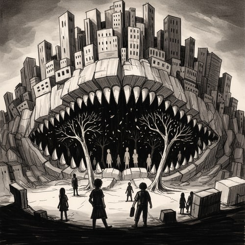 AI Design for Dark architectural sketch inspired by Francisco Goya’s Saturn Devouring His Son.
A massive, abstract city form represented as a brutalist architectural structure, with heavy concrete volumes forming a mouth-like void.
Inside the dark core of the city, fragmented silhouettes of young people and broken trees are being swallowed by the architecture.
The atmosphere is oppressive and claustrophobic, with strong contrast between light and shadow.
No literal human monster, no blood, no gore — the city itself is the metaphor.
Hand-drawn sketch style, rough lines, monochrome or muted tones, conceptual architectural illustration.