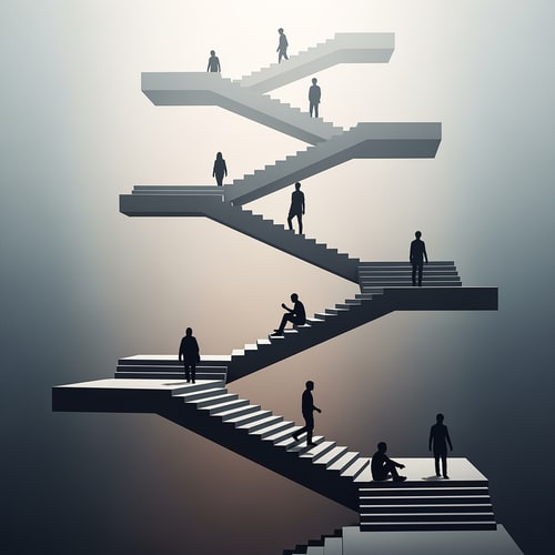 AI Design for Create a conceptual staircase as a narrative of movement, not a functional element.
Uneven steps, changing rhythm, pauses, sitting, and slow ascent
Human silhouettes showing walking, standing, and sitting for scale and movement
Abstract, minimalist, atmospheric, soft lighting, muted tones
No rails, doors, or realistic building context
Emphasize movement, rhythm, pause, effort, and spatial experience