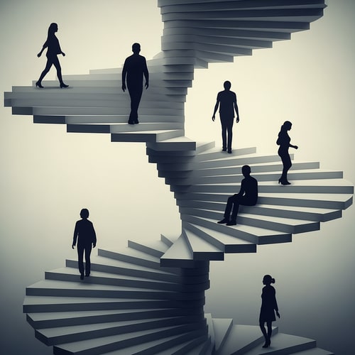AI Design for Create a conceptual staircase as a narrative of movement, not a functional element.
Uneven steps, changing rhythm, pauses, sitting, and slow ascent
Human silhouettes showing walking, standing, and sitting for scale and movement
Abstract, minimalist, atmospheric, soft lighting, muted tones
No rails, doors, or realistic building context
Emphasize movement, rhythm, pause, effort, and spatial experience