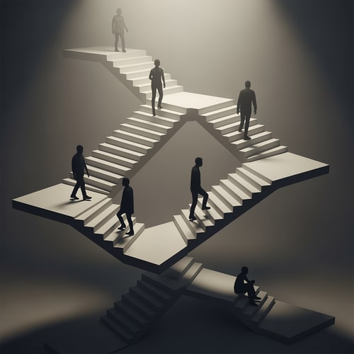 AI Design for Create a conceptual staircase as a narrative of movement, not a functional element.
Uneven steps, changing rhythm, pauses, sitting, and slow ascent
Human silhouettes showing walking, standing, and sitting for scale and movement
Abstract, minimalist, atmospheric, soft lighting, muted tones
No rails, doors, or realistic building context
Emphasize movement, rhythm, pause, effort, and spatial experience